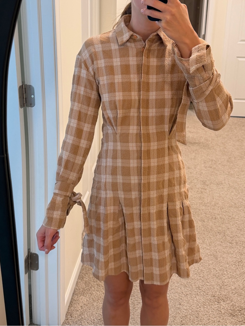 ASOS Tan & Cream Plaid Long-Sleeve Mini Dress